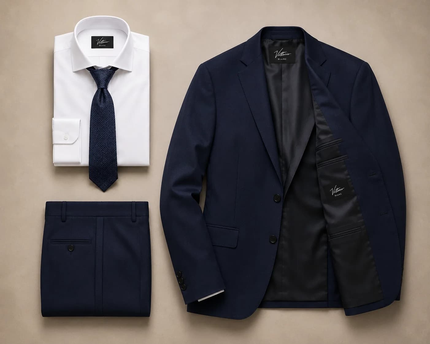 A navy suit laid out with a white shirt and a navy knit tie